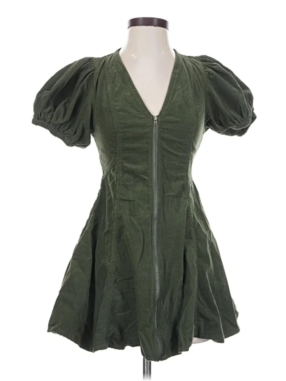 Green Puff-Sleeve Zip Front Dress